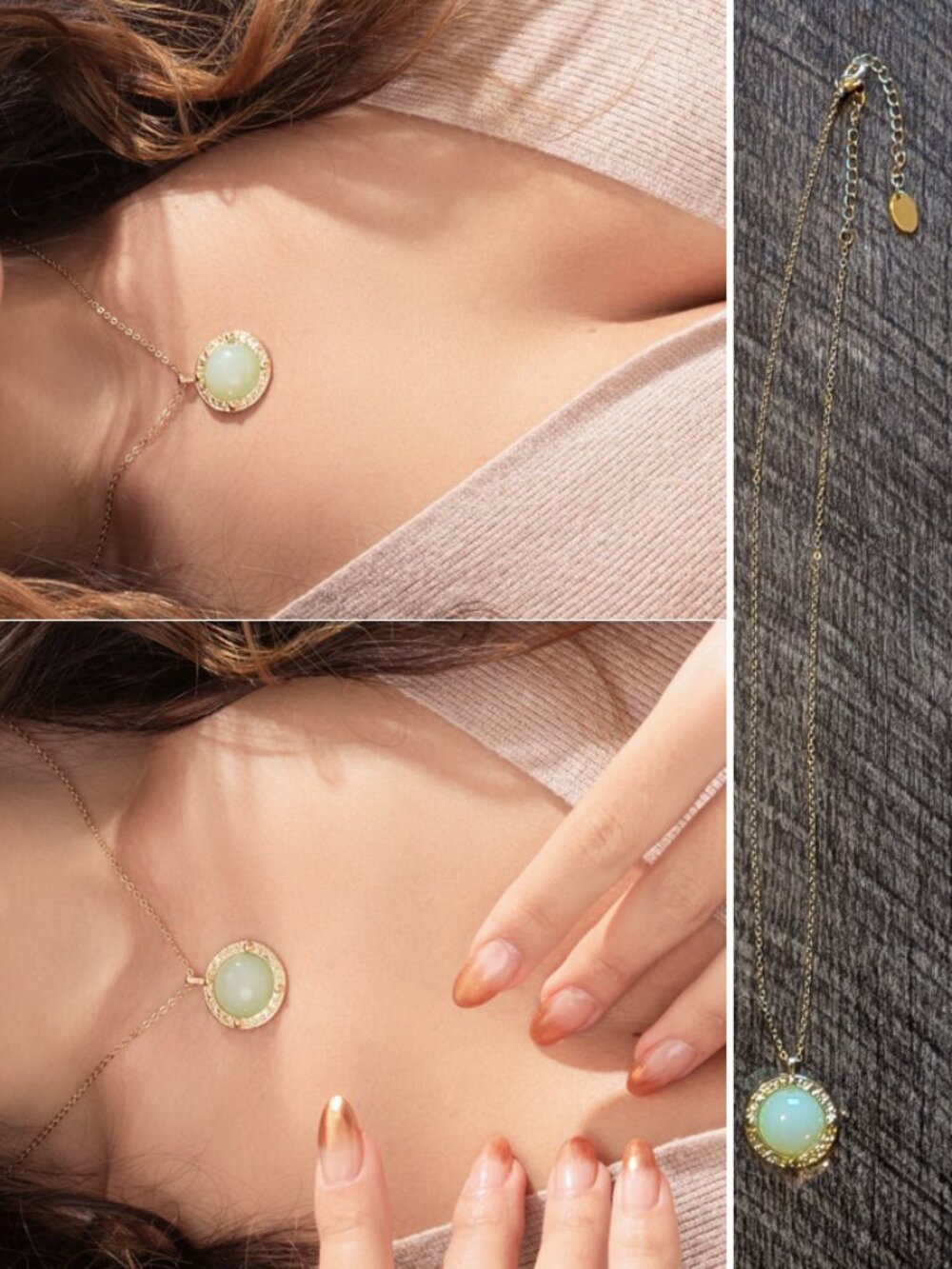 Selenichast Jade Pendant Necklace 18K Gold Plating on Brass
